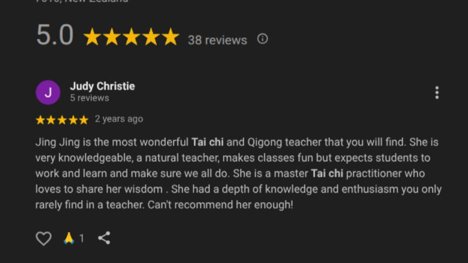 Jing Jing is the most wonderful Tai chi and Qigong teacher that you will find. She is very knowledgeable, a natural teacher, makes classes fun but expects students to work and learn and make sure we all do. She is a master Tai chi practitioner who loves to share her wisdom . She had a depth of knowledge and enthusiasm you only rarely find in a teacher. Can't recommend her enough!