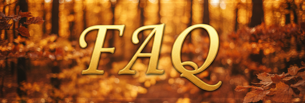 Gold 'FAQ' text on a blurred autumn forest background