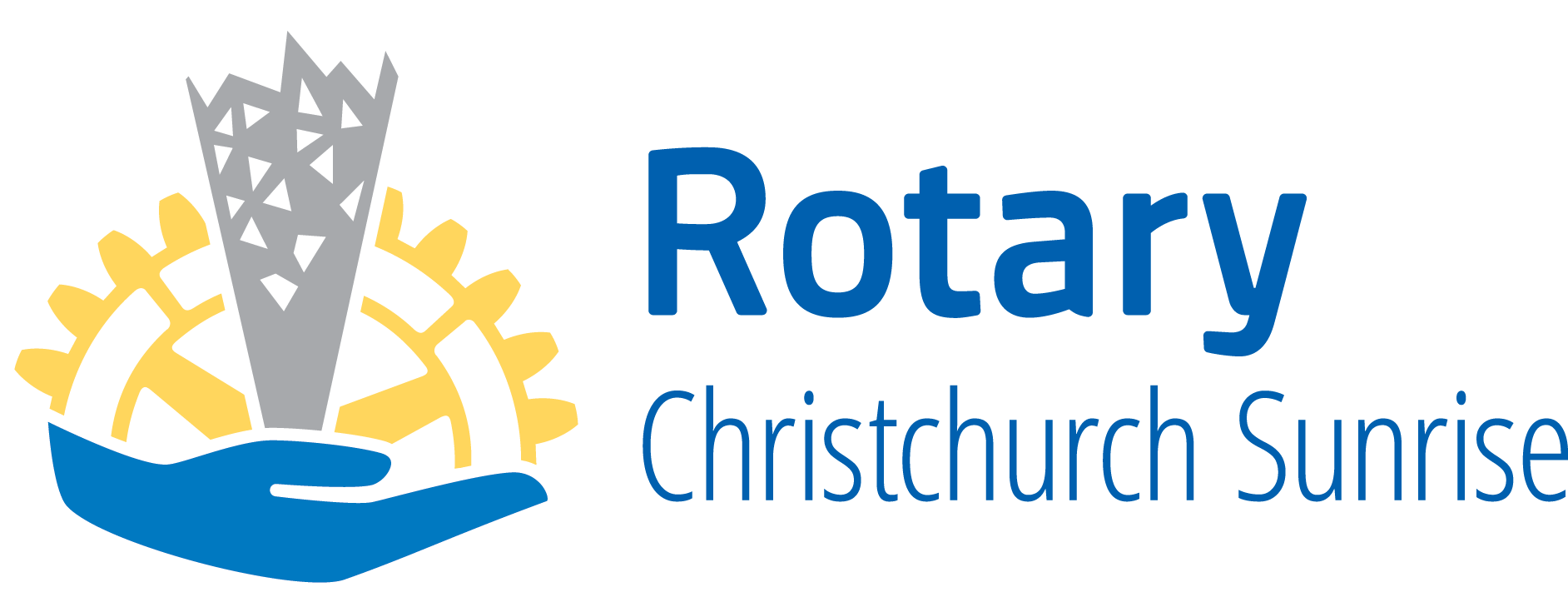 Rotary Christchurch Sunrise logo on a white background, featuring a blue hand holding a gray and yellow sunburst with a white cross.