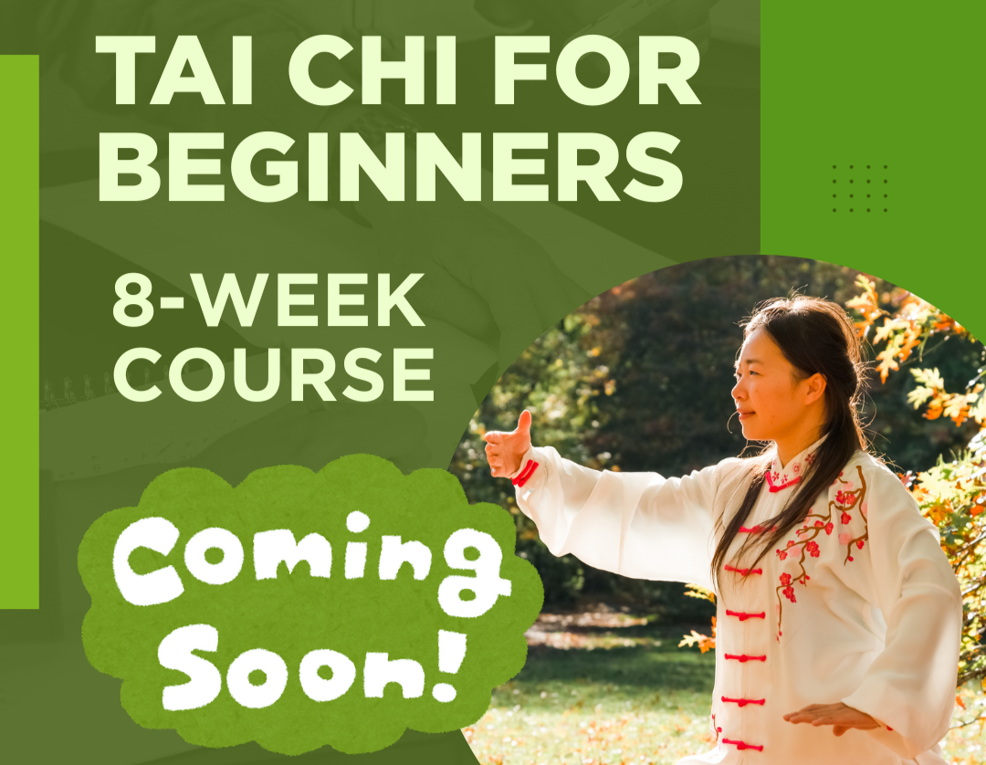 Promotional graphic for a Tai Chi for Beginners course with a person practicing Tai Chi outdoors.