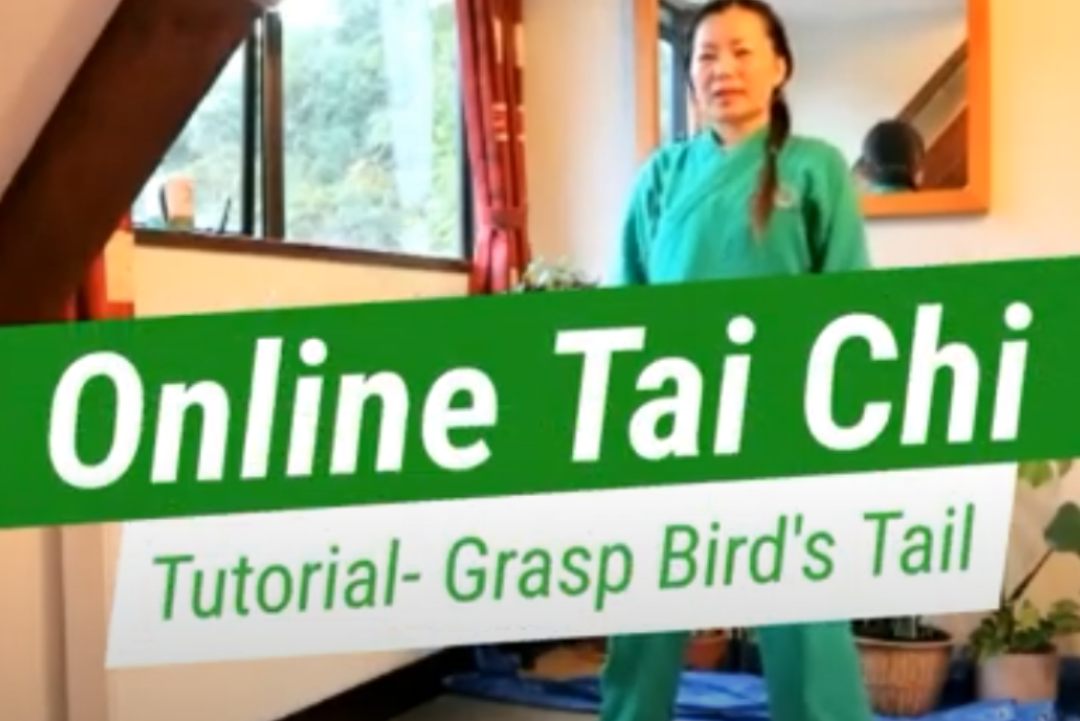Online Tai Chi tutorial with a instructor in green attire, text overlay 'Online Tai Chi Tutorial- Grasp Bird's Tail'.