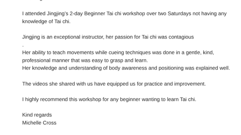Testimonial about a Tai Chi workshop attended by Michelle Cross, with a white background and black text.