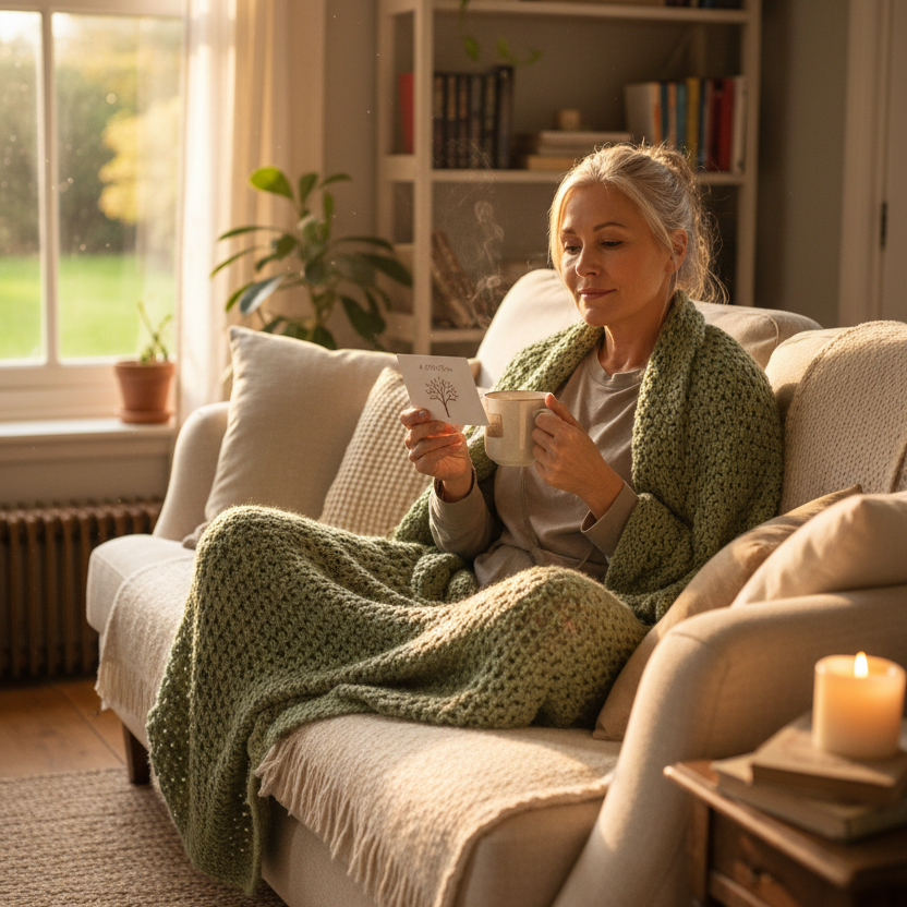 Woman sitting on a couch wrapped in a green blanket, holding a mug in a cozy living room.