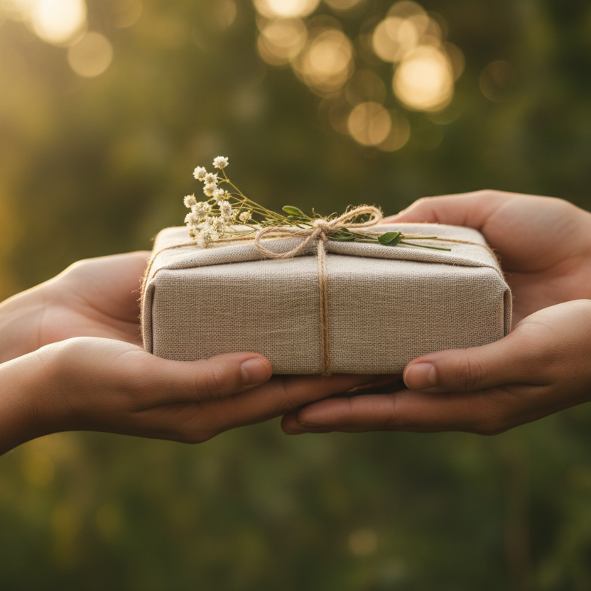 Two hands holding a small gift box with a natural background