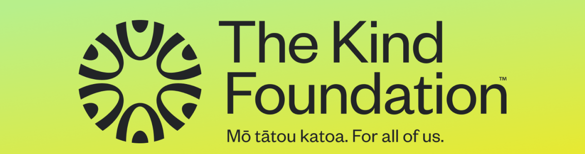 The Kind Foundation logo in black on a yellow-to-green gradient background, with the text 'The Kind Foundation' and the tagline 'Mó tátou katoa. For all of us.