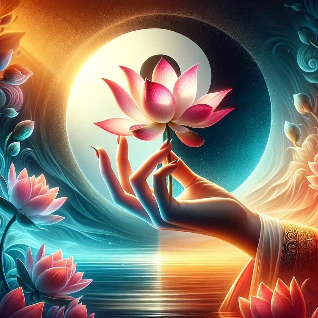  an image blending the serene beauty of a female hand holding a lotus flower with the profound symbolism of the tai chi (yin-yang) symbol. 