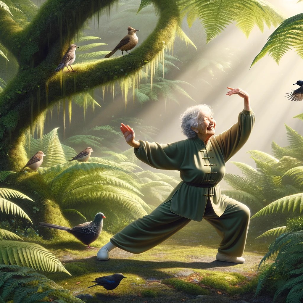 DALL·E 2024-02-17 17.09.31 - A continuation of the previous scene with the same elegant elderly lady, now captured in a different tai chi posture, still under the lush fern tree. 