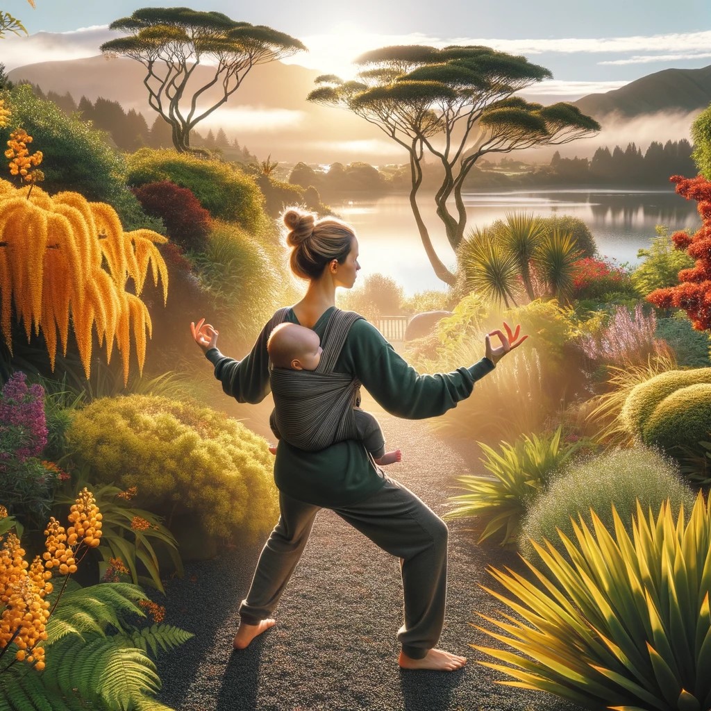 DALL·E 2024-02-26 04.11.12 - A peaceful scene showing a mother with her baby in a sling, now adopting a different Tai Chi form, in the midst of a vibrant garden in New Zealand. Th