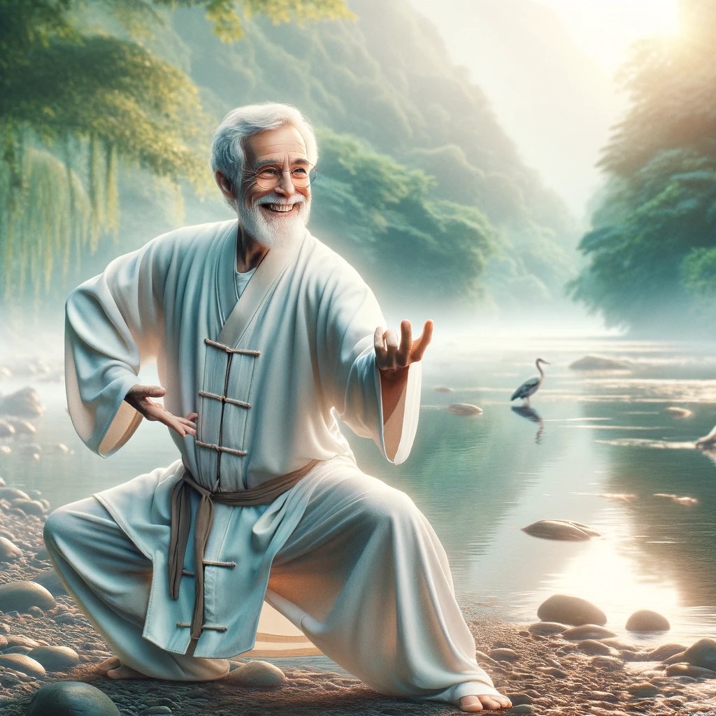 DALL·E 2024-02-26 16.51.25 - Envision a European-looking grandfather with a gentle, peaceful smile, embodying the serene essence of the Laughing Buddha, dressed in a white robe an