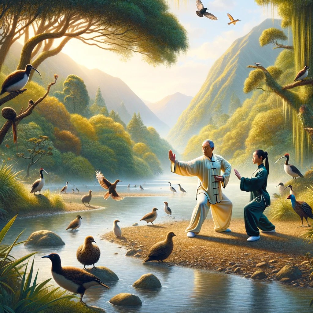 DALL·E 2024-02-26 19.23.40 - Visualize a scene where a Tai Chi master is teaching a student the graceful art of Tai Chi by a serene river in New Zealand. The master, dressed in tr