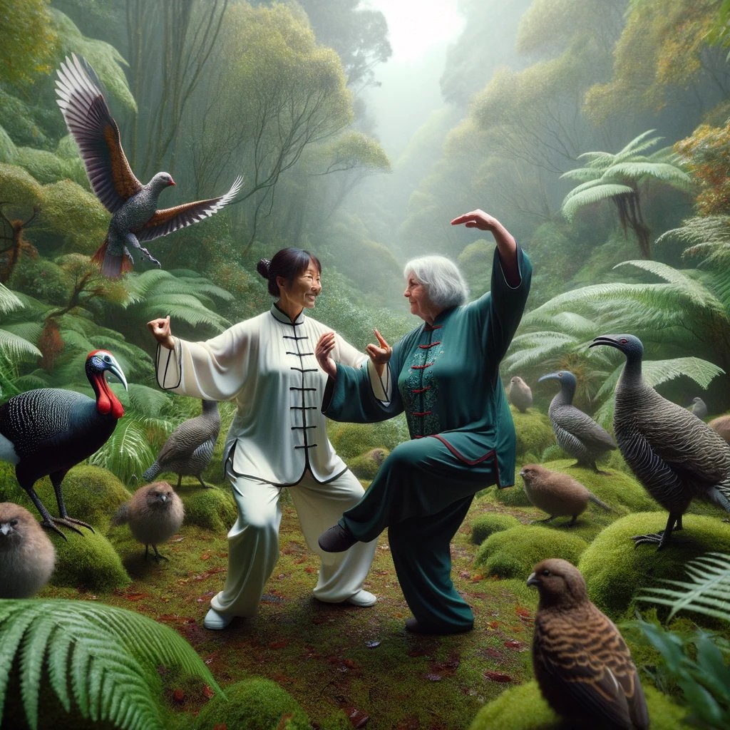 DALL·E 2024-02-26 20.24.27 - Imagine a scene deep within New Zealands lush bushes, where a short Chinese lady, donned in a traditional Tai Chi uniform, is teaching a tall, plump 