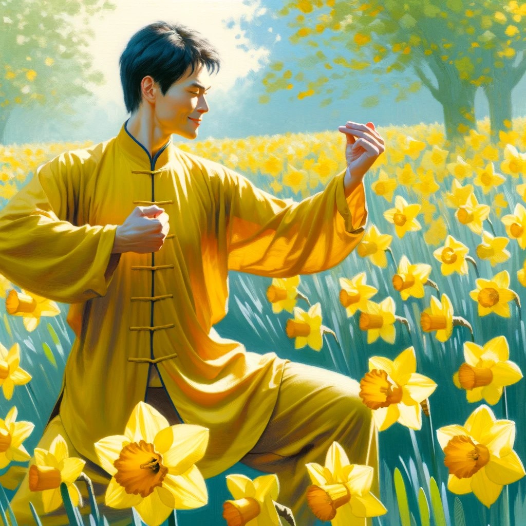 DALL·E 2024-02-27 22.22.13 - A serene and joyful person, immersed in practicing Tai Chi, is depicted wearing vibrant yellow clothing. They are surrounded by a sea of blooming daff