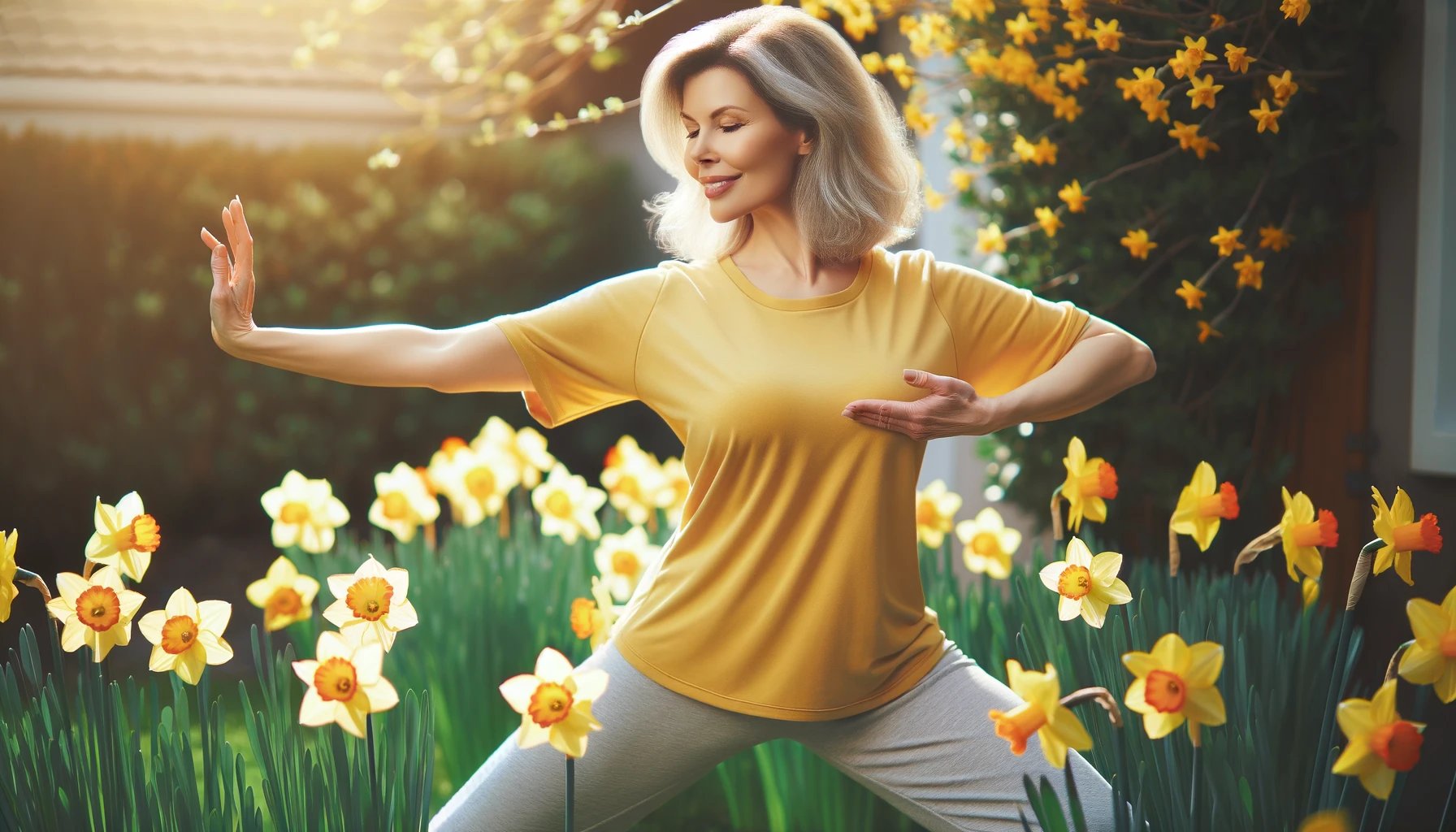 DALL·E 2024-02-28 05.41.53 - A European lady with a fuller figure practicing Tai Chi, her movements radiating peace and joy. She is dressed in a comfortable yellow t-shirt or spor