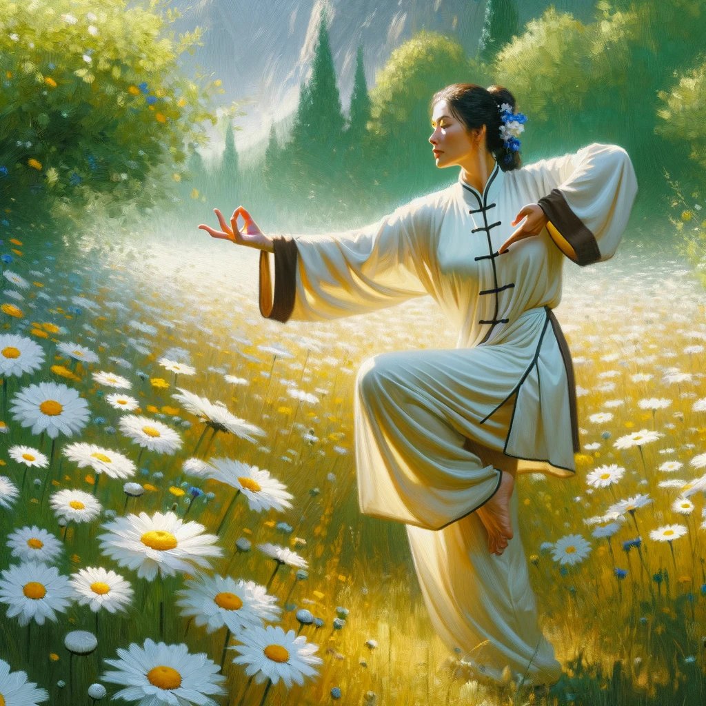 DALL·E 2024-03-03 19.00.29 - Create an image styled as an oil painting that depicts a New Zealand European lady in her 50s practicing Tai Chi in a meadow of daisies. The painting 