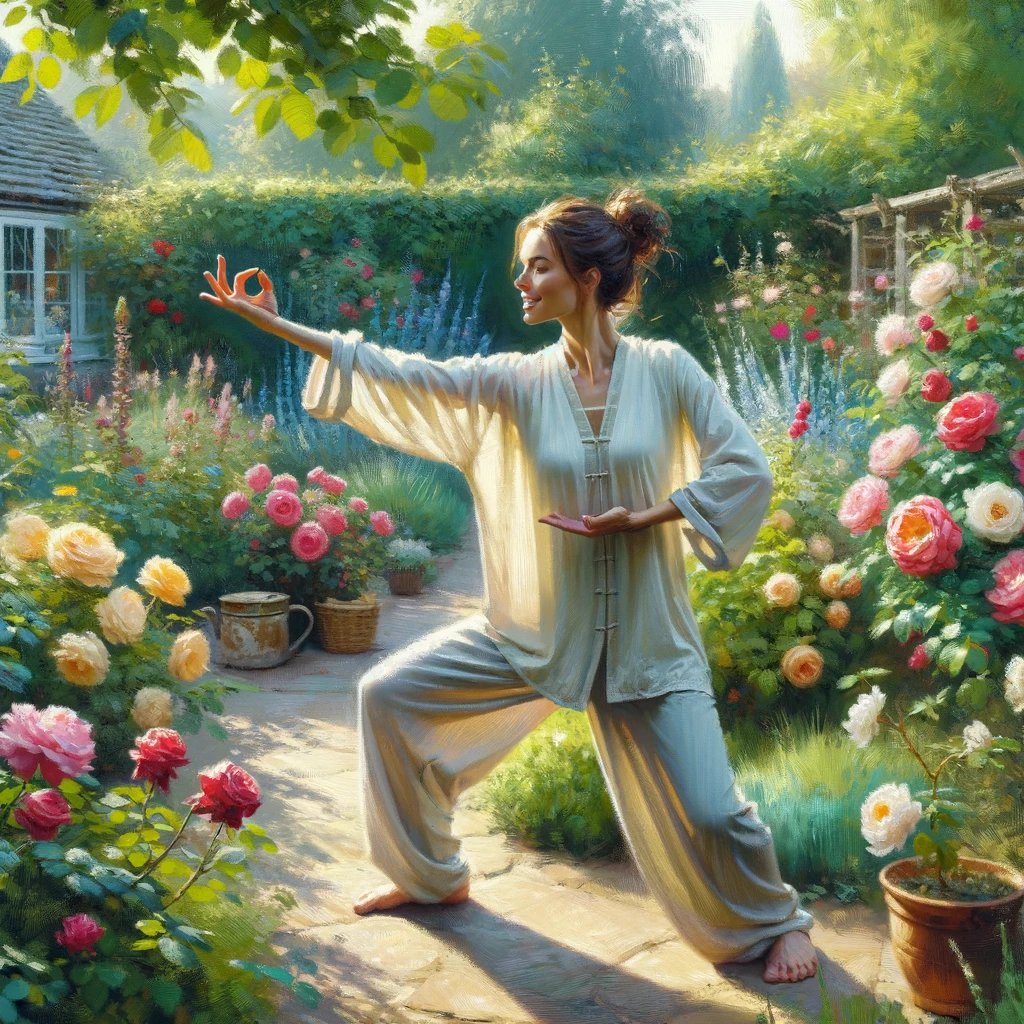 DALL·E 2024-03-03 22.10.33 - Create an oil painting depicting a close-up scene of a woman practicing Tai Chi in a cottage-style rose garden. The focus is on the joy and serenity o