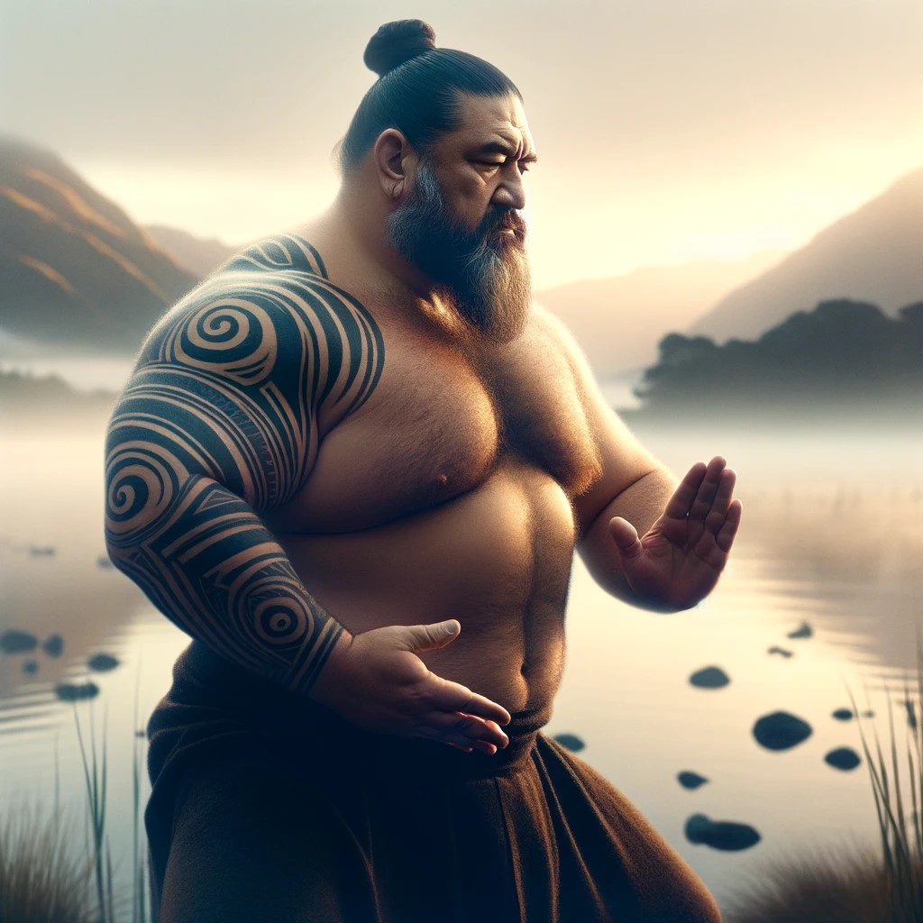 DALL·E 2024-03-04 19.48.44 - An image featuring a Maori Kiwi man with a larger body type practicing Tai Chi, emphasizing his softness, gentleness, and relaxed demeanor. The man is