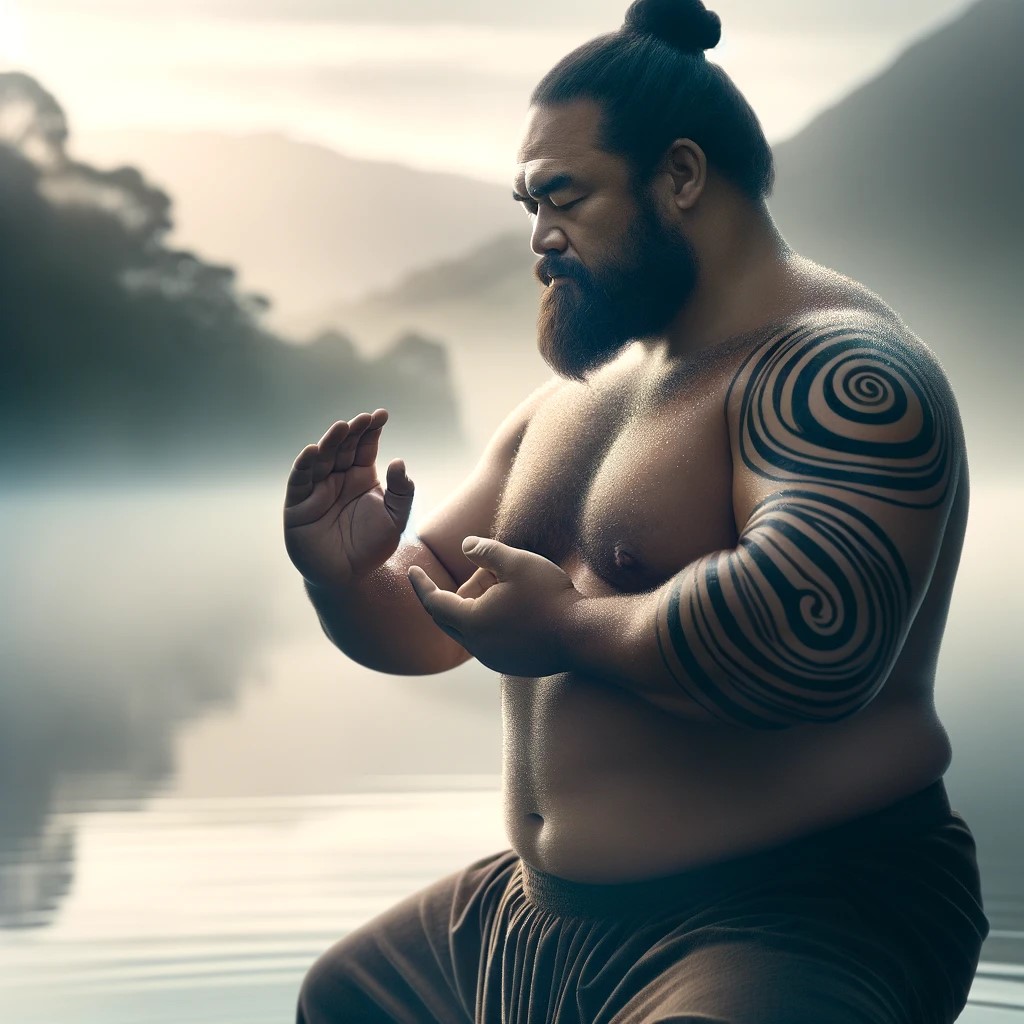 DALL·E 2024-03-04 19.50.21 - An image that emphasizes the softness, gentleness, and relaxation of Tai Chi, featuring a Maori Kiwi man with a larger, fuller body type. His serene e