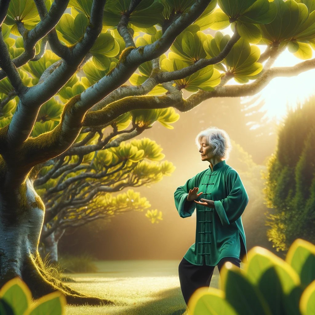 DALL·E 2024-03-07 13.31.35 - Reimagine the scene with the lady now wearing a traditional green Tai Chi uniform, standing in front of a kawakawa tree. The focus is on highlighting 