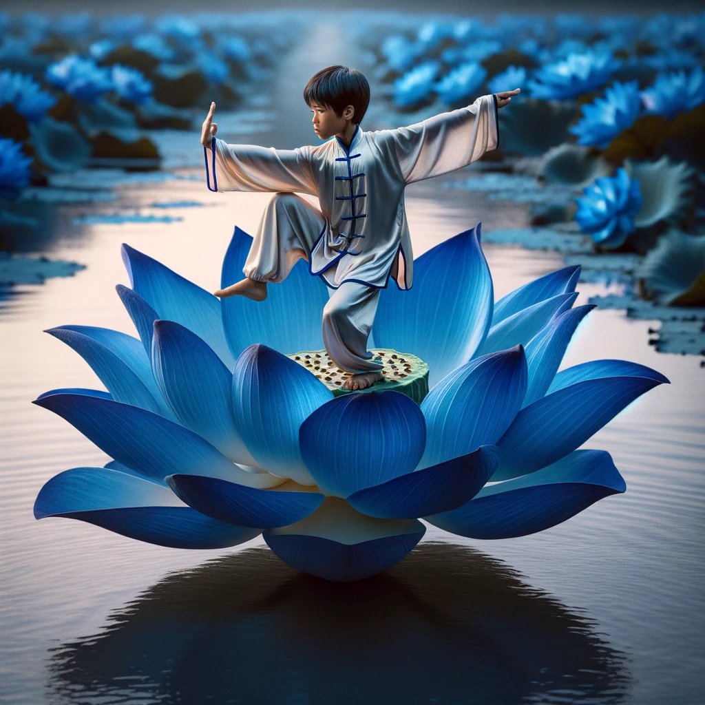DALL·E 2024-03-11 18.12.02 - Create a highly realistic image of a young boy, dressed in authentic Tai Chi attire, executing Tai Chi poses with precision on the center of a large, 