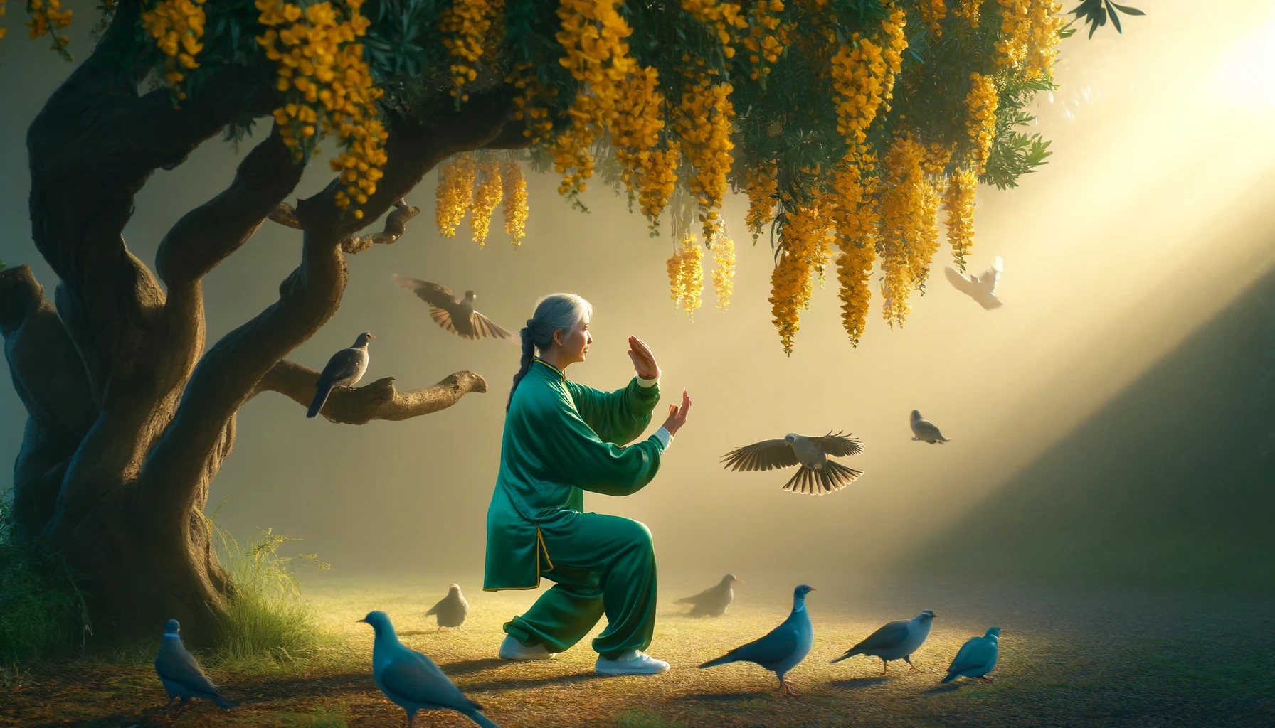 Tai Chi grandma practing Tai Chi under a tree