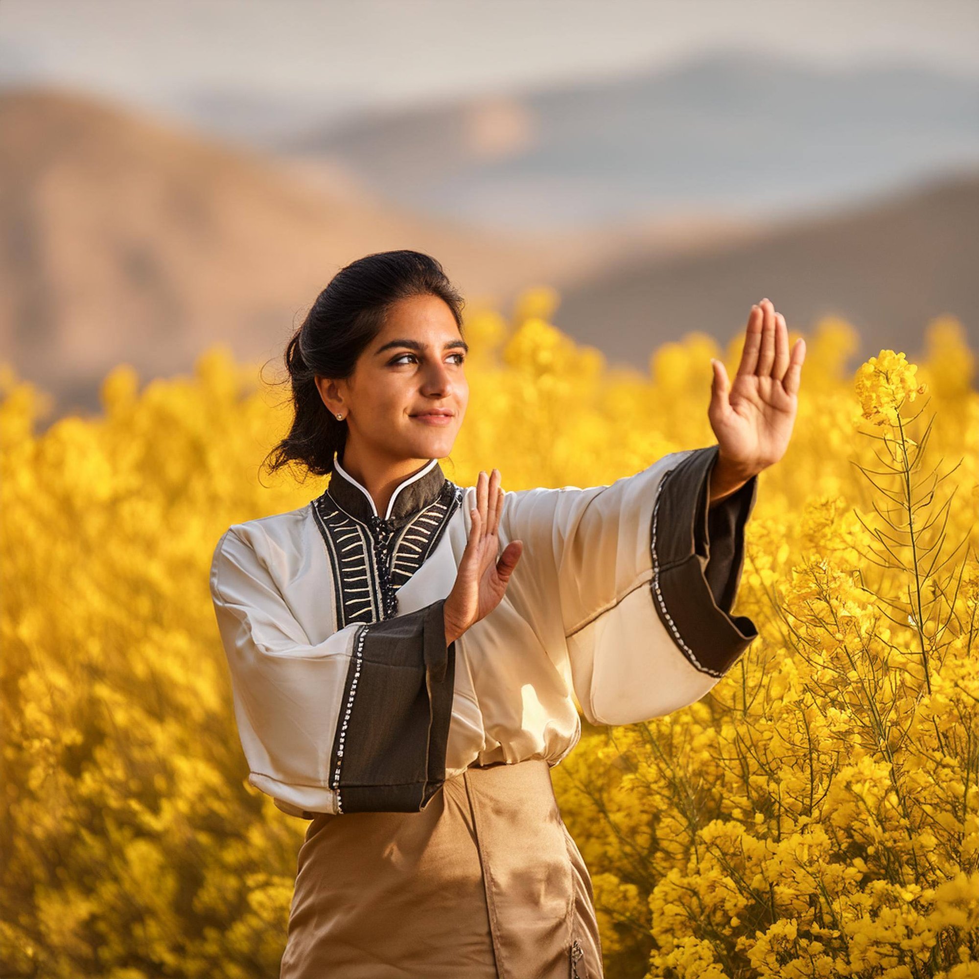 Firefly a european lady in her 30s, doing tai chi in golden flowers field ,highlighting the peace an