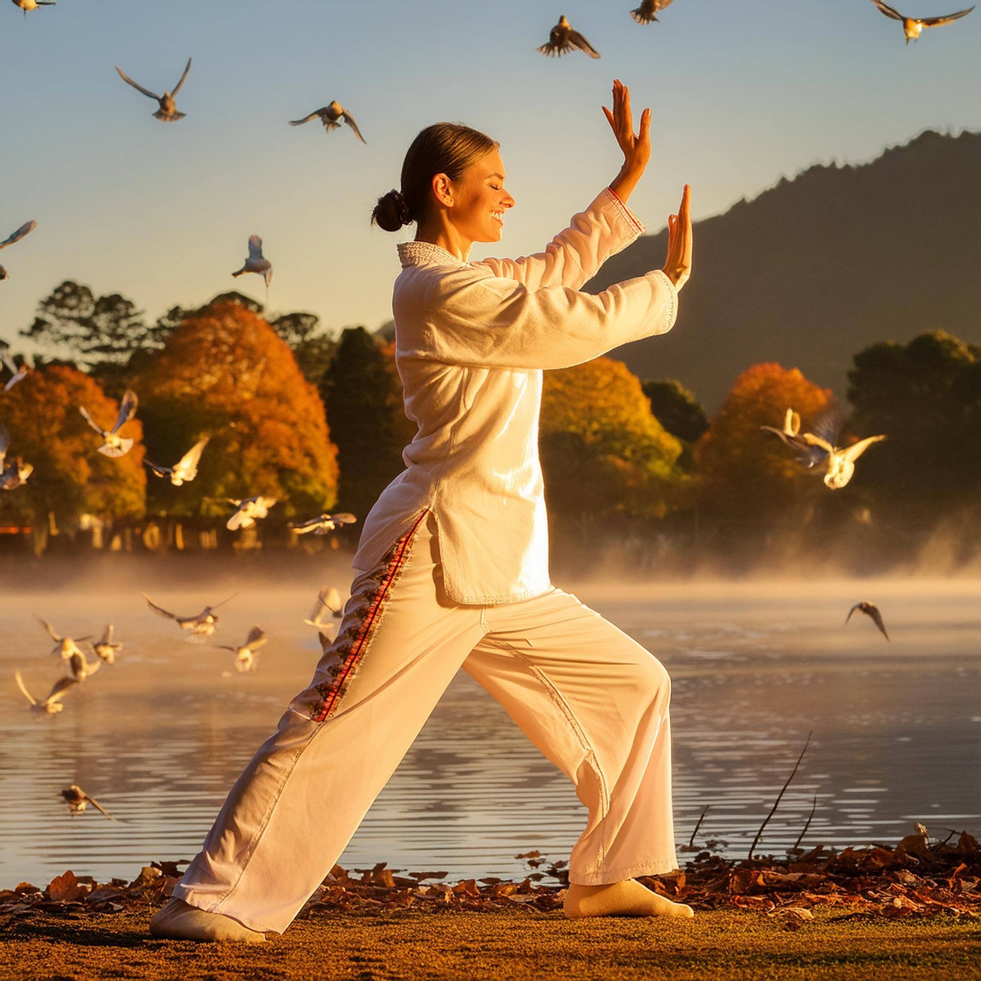 Firefly a european lady in her 30s, doing tai chi in golden morning sunshine by a lake ,highlighting (1)