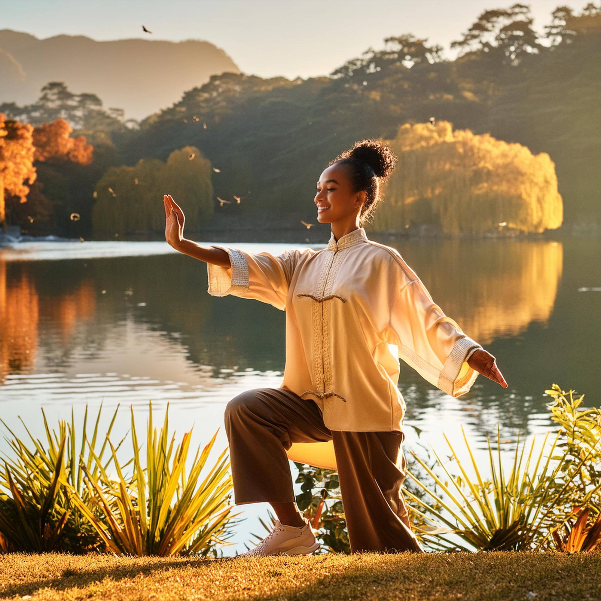 Firefly a european lady in her 30s, doing tai chi in golden morning sunshine by a lake ,highlighting-1