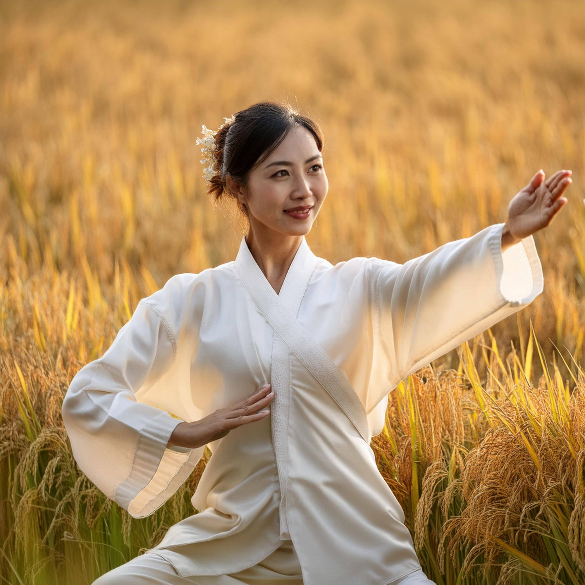 Firefly a lady in her 30s, doing tai chi by a golden rice filed,highlighting her peace and joy on he (2)