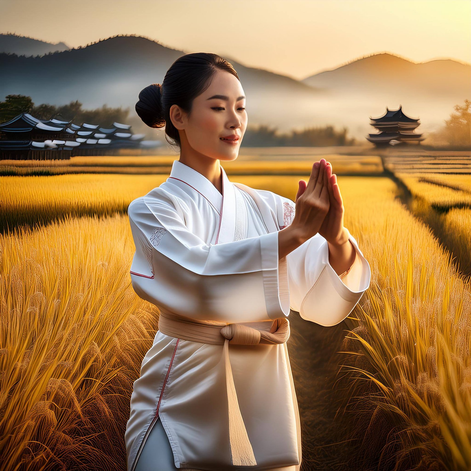 Firefly a lady in her 30s, doing tai chi by a golden rice filed,highlighting her peace and joy on he (3)