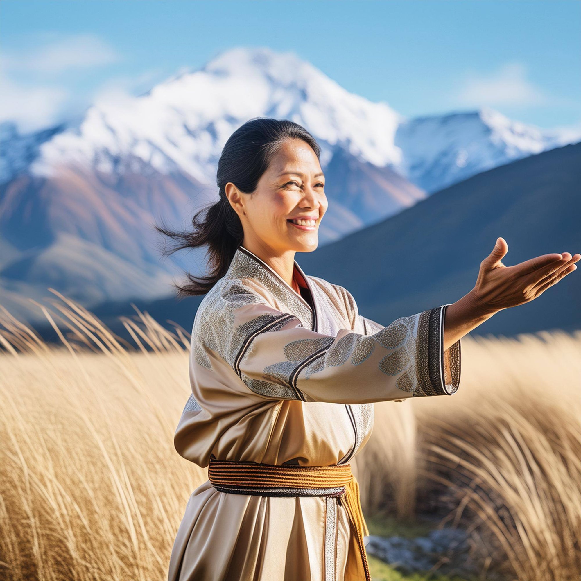 Firefly a maori lady in her 40s, doing tai chi by golden moutains in new zealand,highlighting the pe (1)
