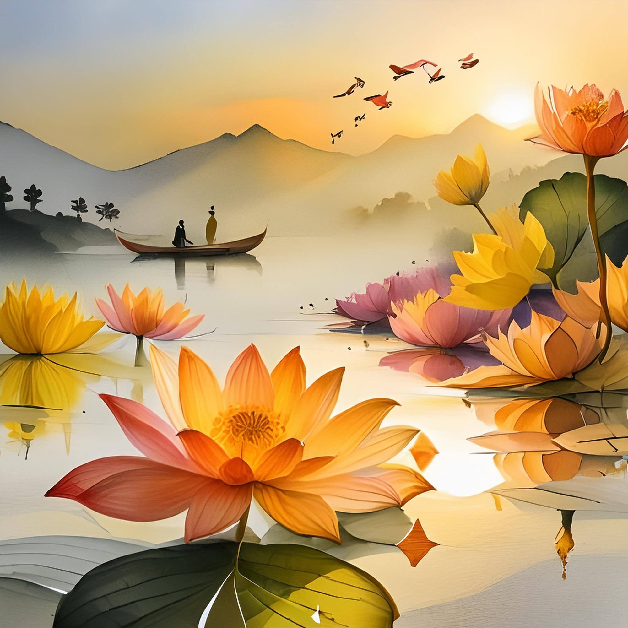 Firefly some soft watercolor of yellow and orange lotus, fish in abstract form, morning sunshine, i -1